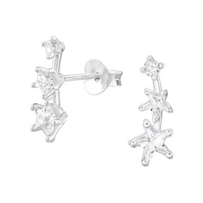 Sterling Silver CZ Trio Star Stud Earrings