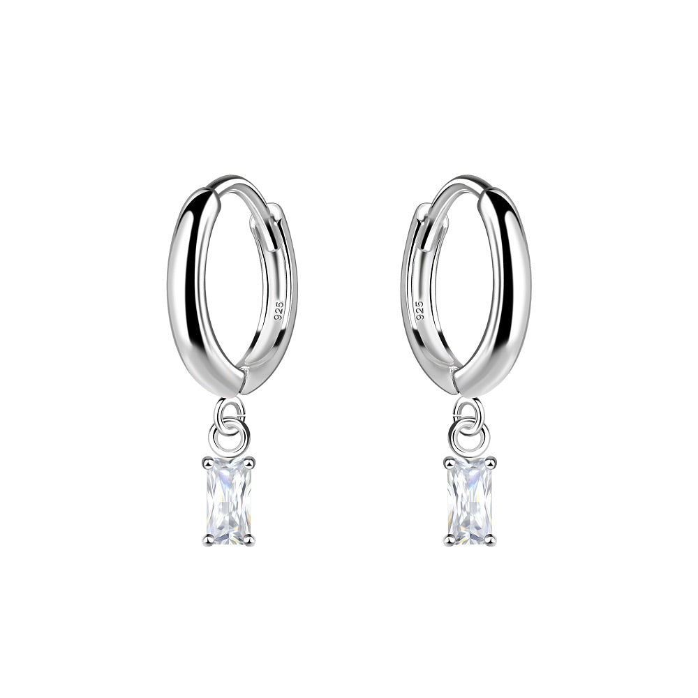 Sterling Silver Cubic Zirconia Baguette Drop Huggie Earrings